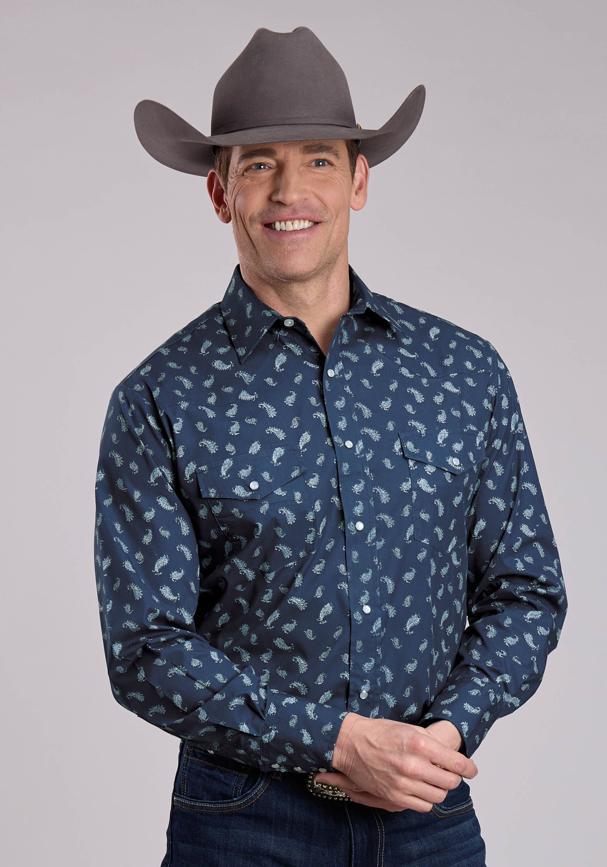 Roper Mens Long Sleeve Snap Blue Paisley Western Shirt