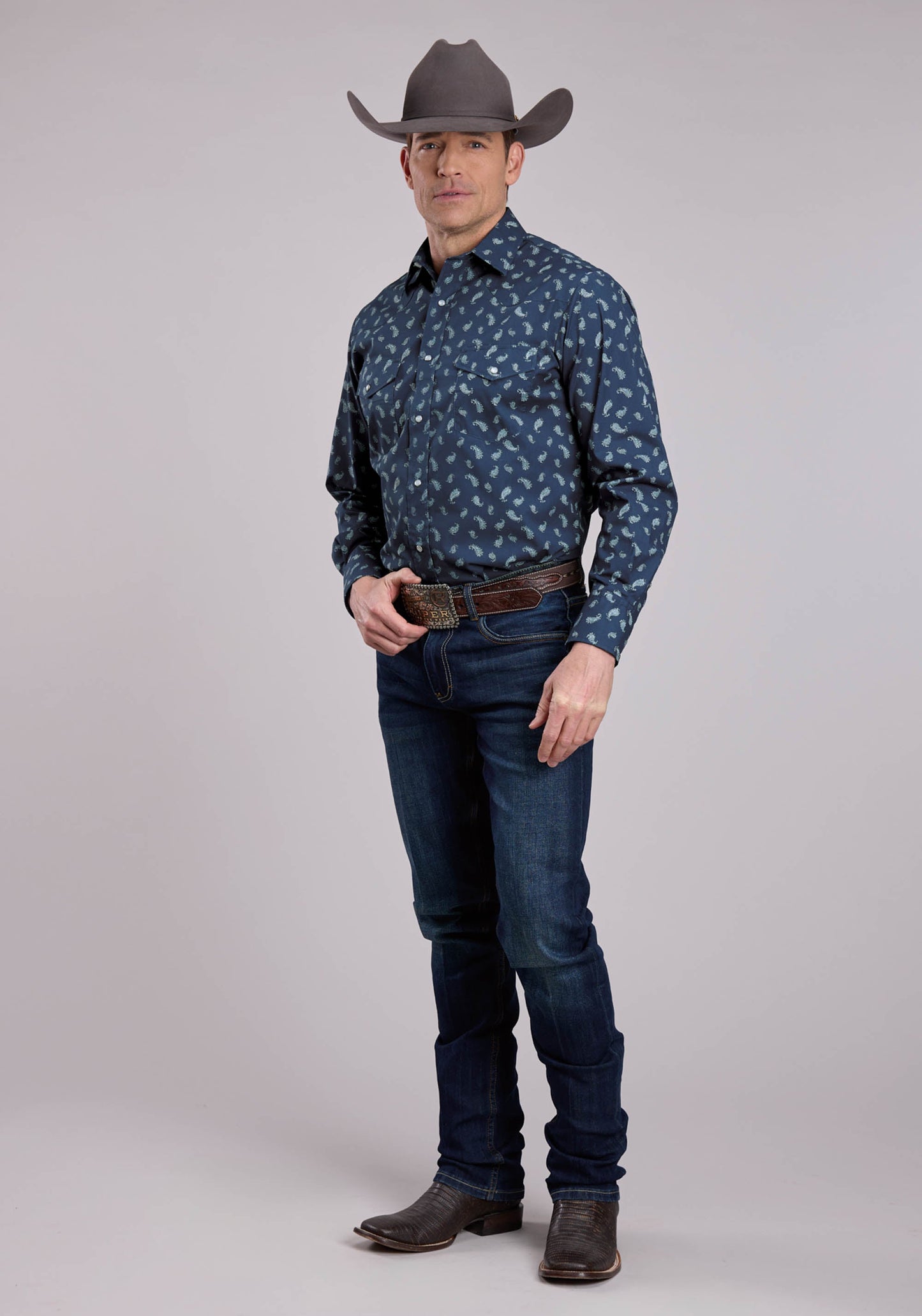 Roper Mens Long Sleeve Snap Blue Paisley Western Shirt