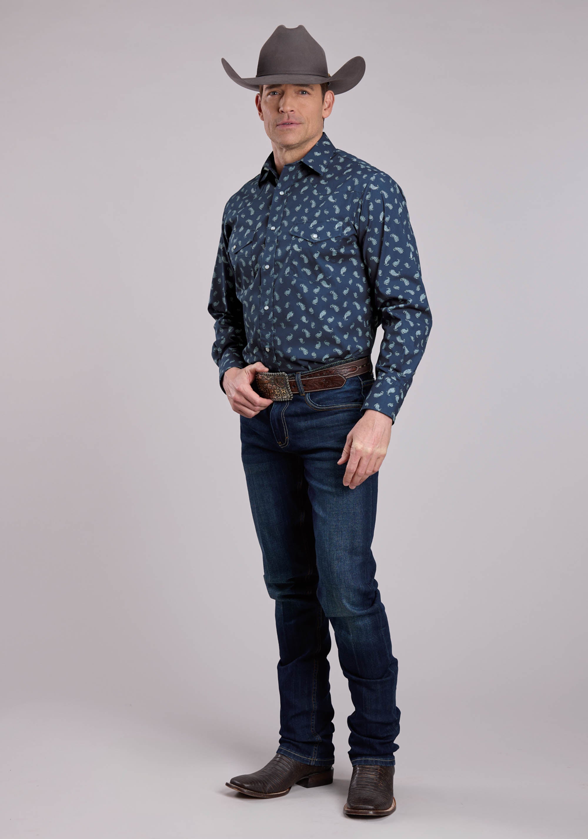 Roper Mens Long Sleeve Snap Blue Paisley Western Shirt