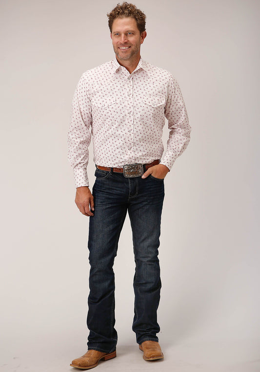 Roper Mens Long Sleeve Snap White And Red Floral Print Western Shirt - Roper