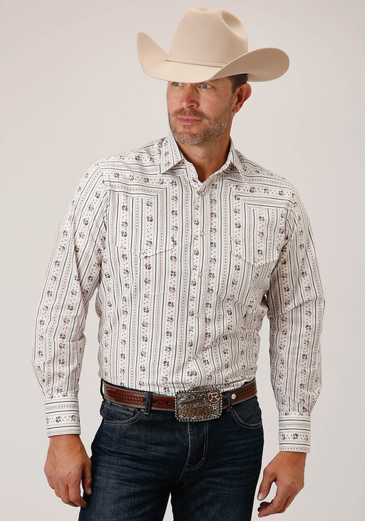 Roper Mens Long Sleeve Snap Brown And Blue Wallpaper Stripe Western Shirt - Roper