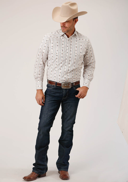 Roper Mens Long Sleeve Snap Brown And Blue Wallpaper Stripe Western Shirt - Roper