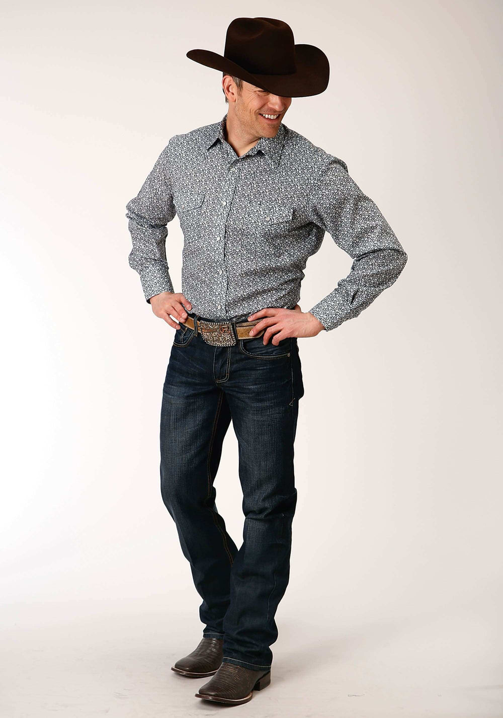 Roper Mens Long Sleeve Snap Navy And Cream Floral Print Western Shirt - Roper - Flyclothing LLC