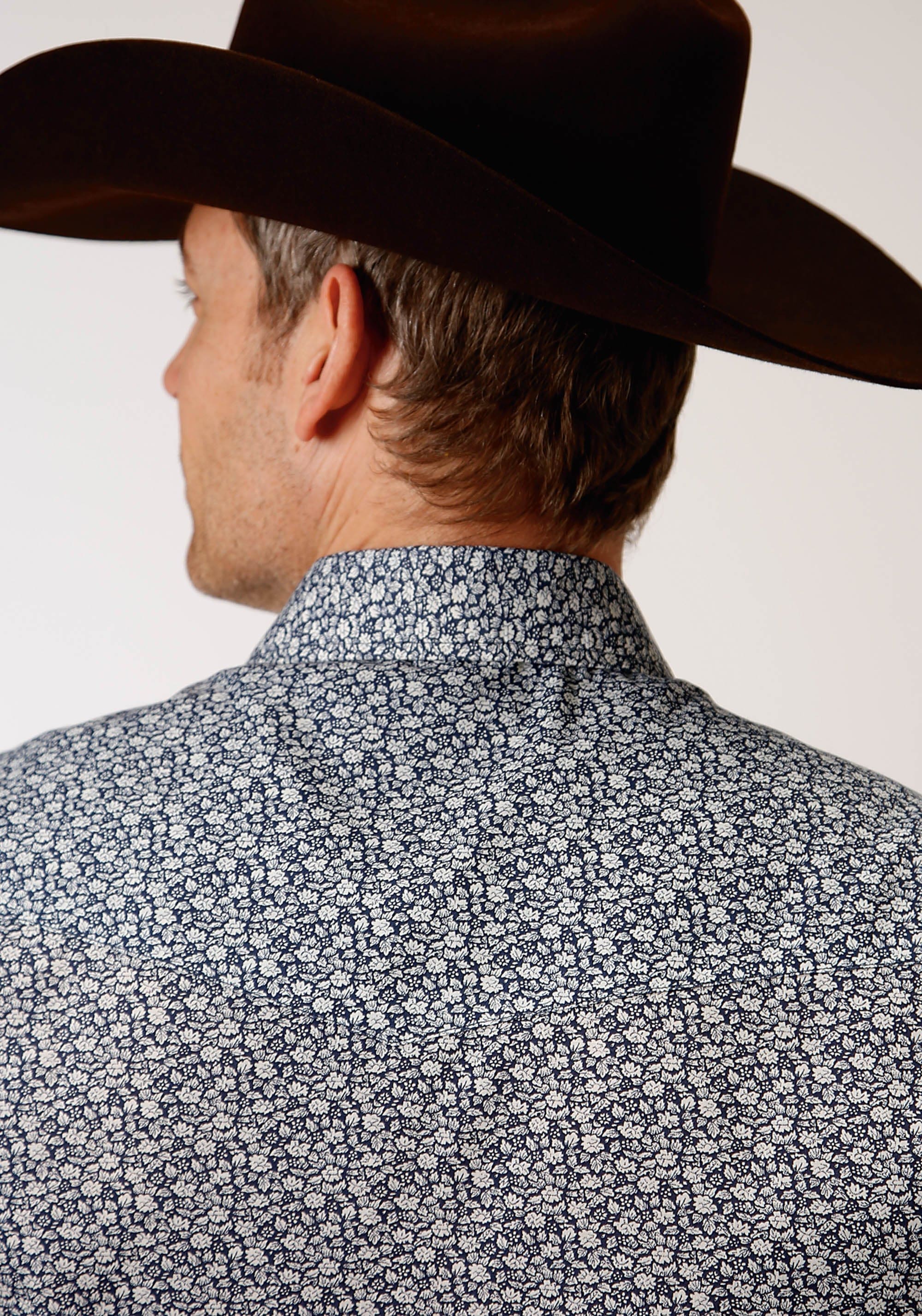 Roper Mens Long Sleeve Snap Navy And Cream Floral Print Western Shirt - Roper