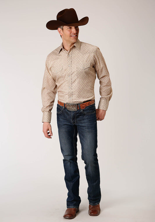Roper Mens Long Sleeve Snap Beige And Rust Vintage Floral Print Western Shirt - Roper
