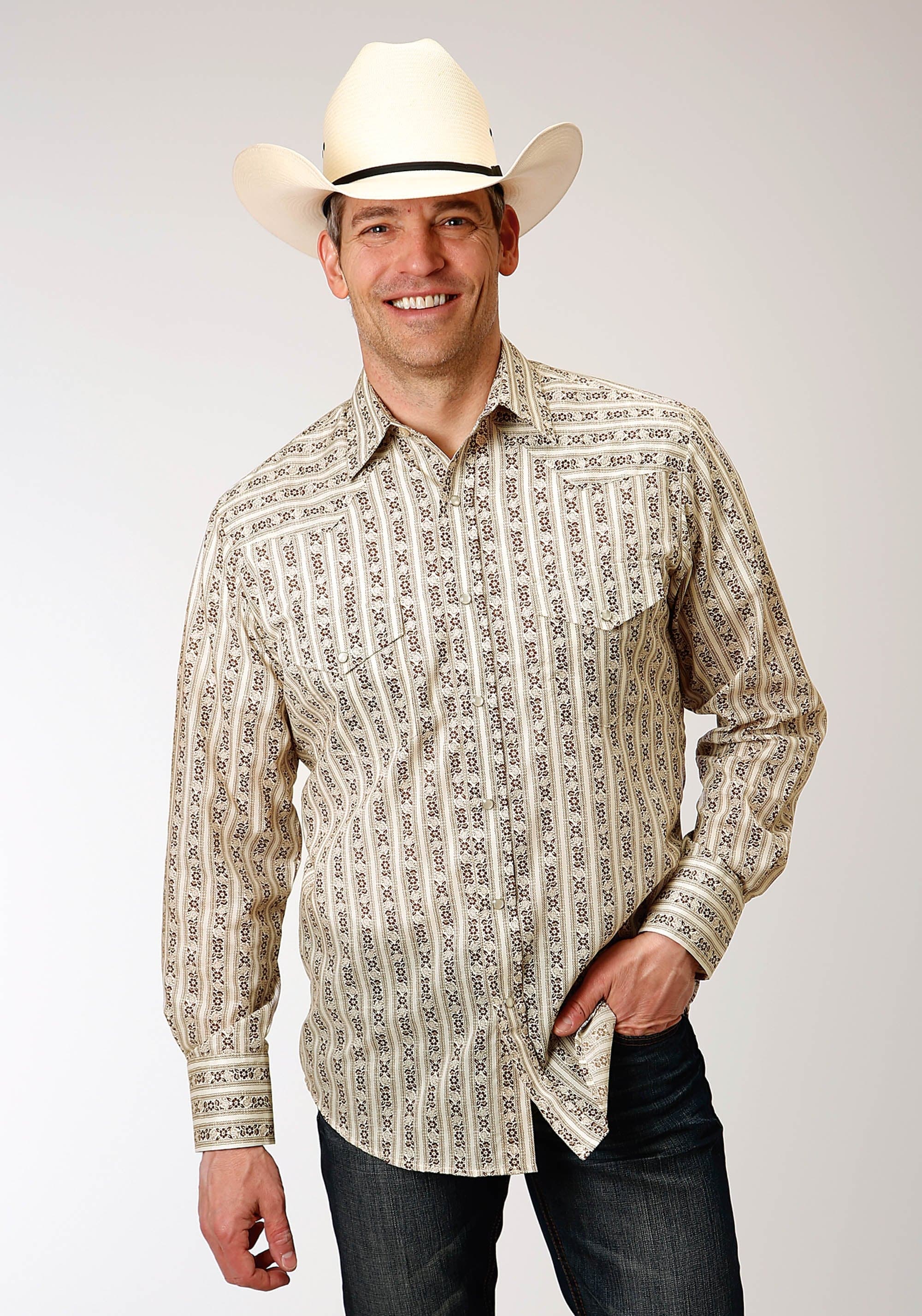 Roper Mens Long Sleeve Snap Cream And Brown Wallpaper Stripe Western Shirt - Roper