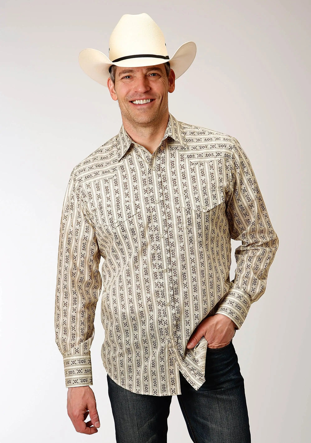 Roper Mens Long Sleeve Snap Cream And Brown Wallpaper Stripe Western Shirt - Roper