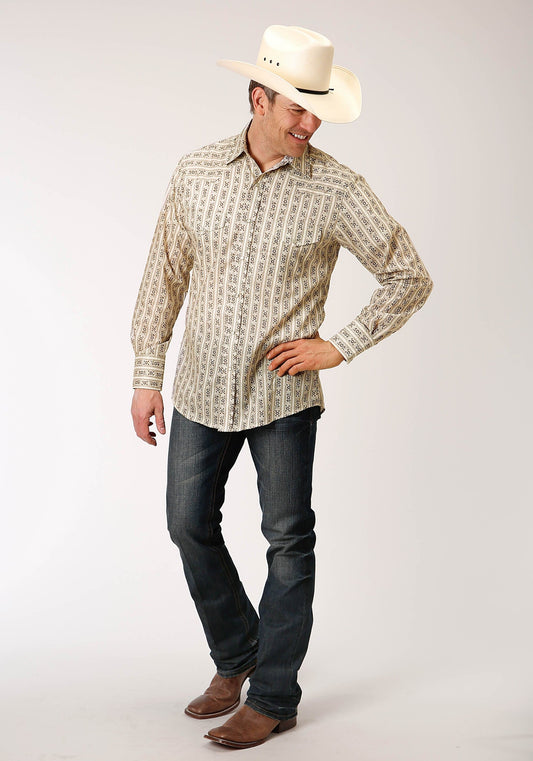 Roper Mens Long Sleeve Snap Cream And Brown Wallpaper Stripe Western Shirt - Roper