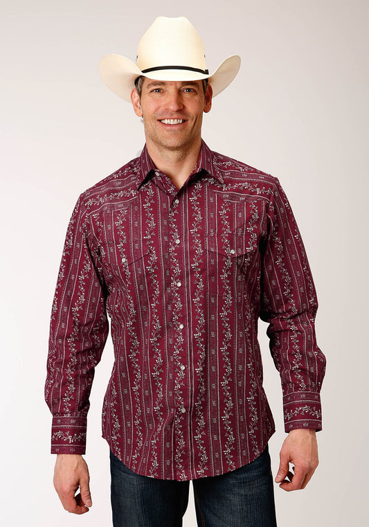 Roper Mens Long Sleeve Snap Brick Red And Cr Wallpaper Stripe Western Shirt - Roper