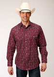 Roper Mens Long Sleeve Snap Brick Red And Cr Wallpaper Stripe Western Shirt - Roper