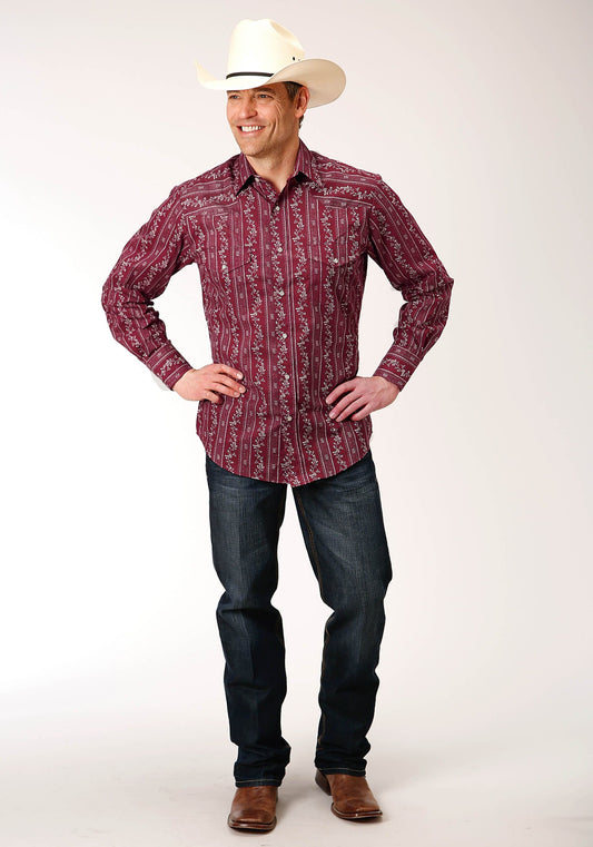 Roper Mens Long Sleeve Snap Brick Red And Cr Wallpaper Stripe Western Shirt - Roper