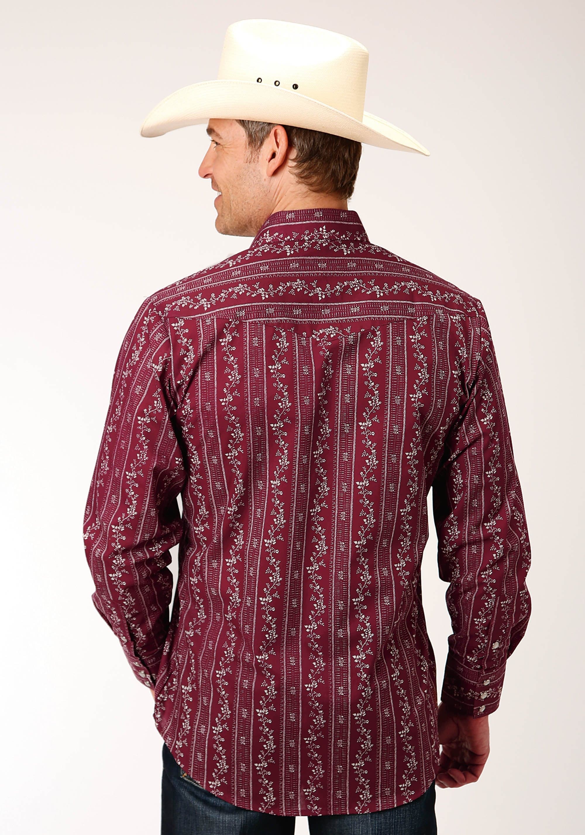 Roper Mens Long Sleeve Snap Brick Red And Cr Wallpaper Stripe Western Shirt - Roper