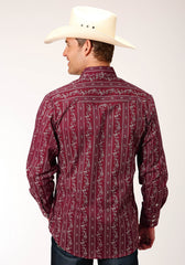 Roper Mens Long Sleeve Snap Brick Red And Cr Wallpaper Stripe Western Shirt - Roper