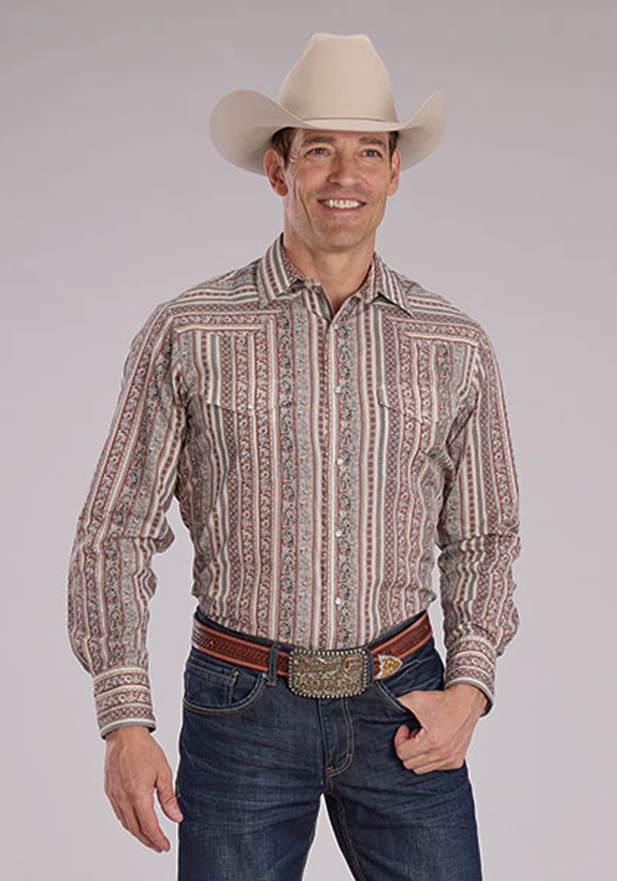 Roper Mens Long Sleeve Snap Wallpaper Print Western Shirt