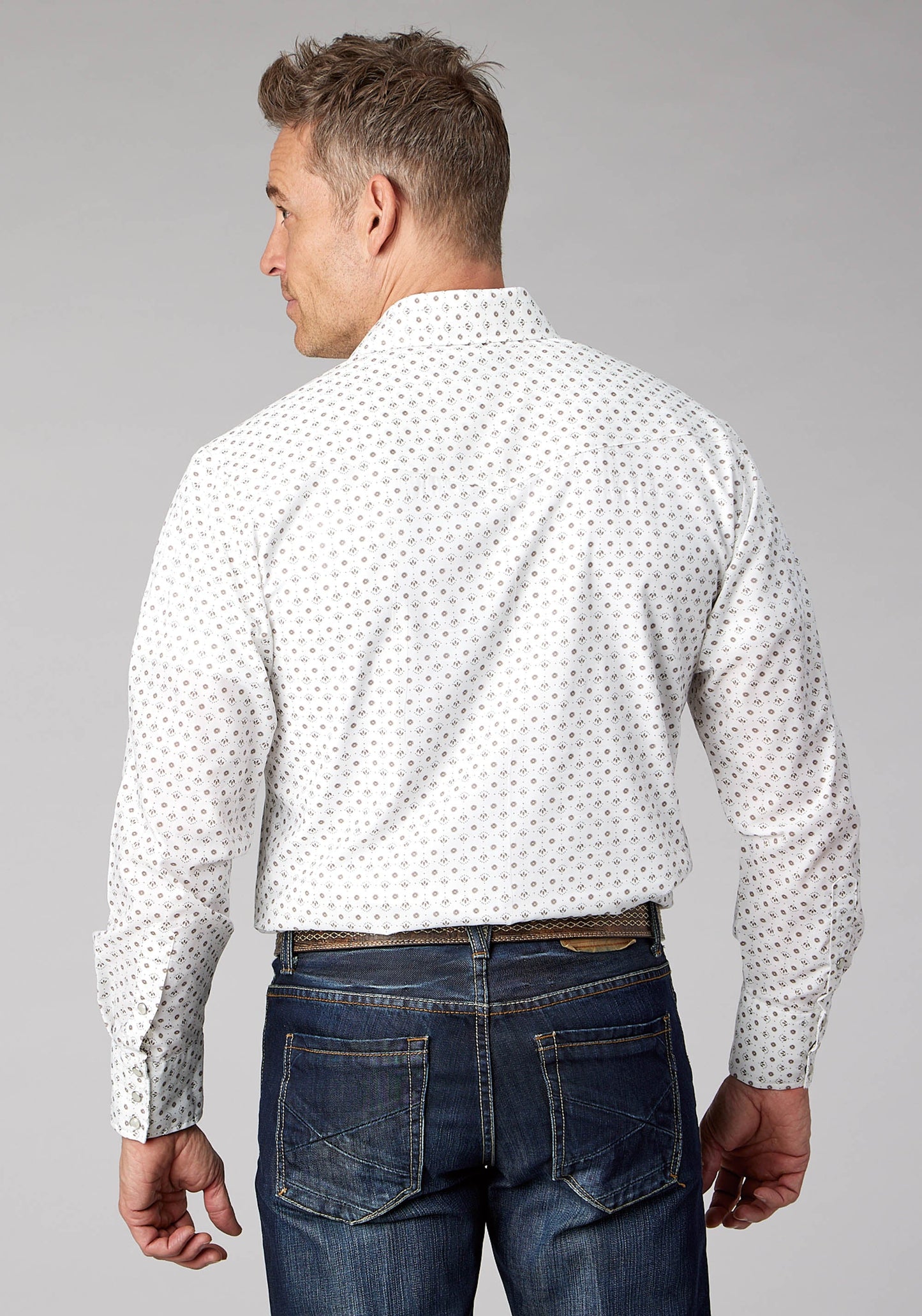 Roper Mens Cream Taupe Mini Floral Print Long Sleeve Snap Western Shirt