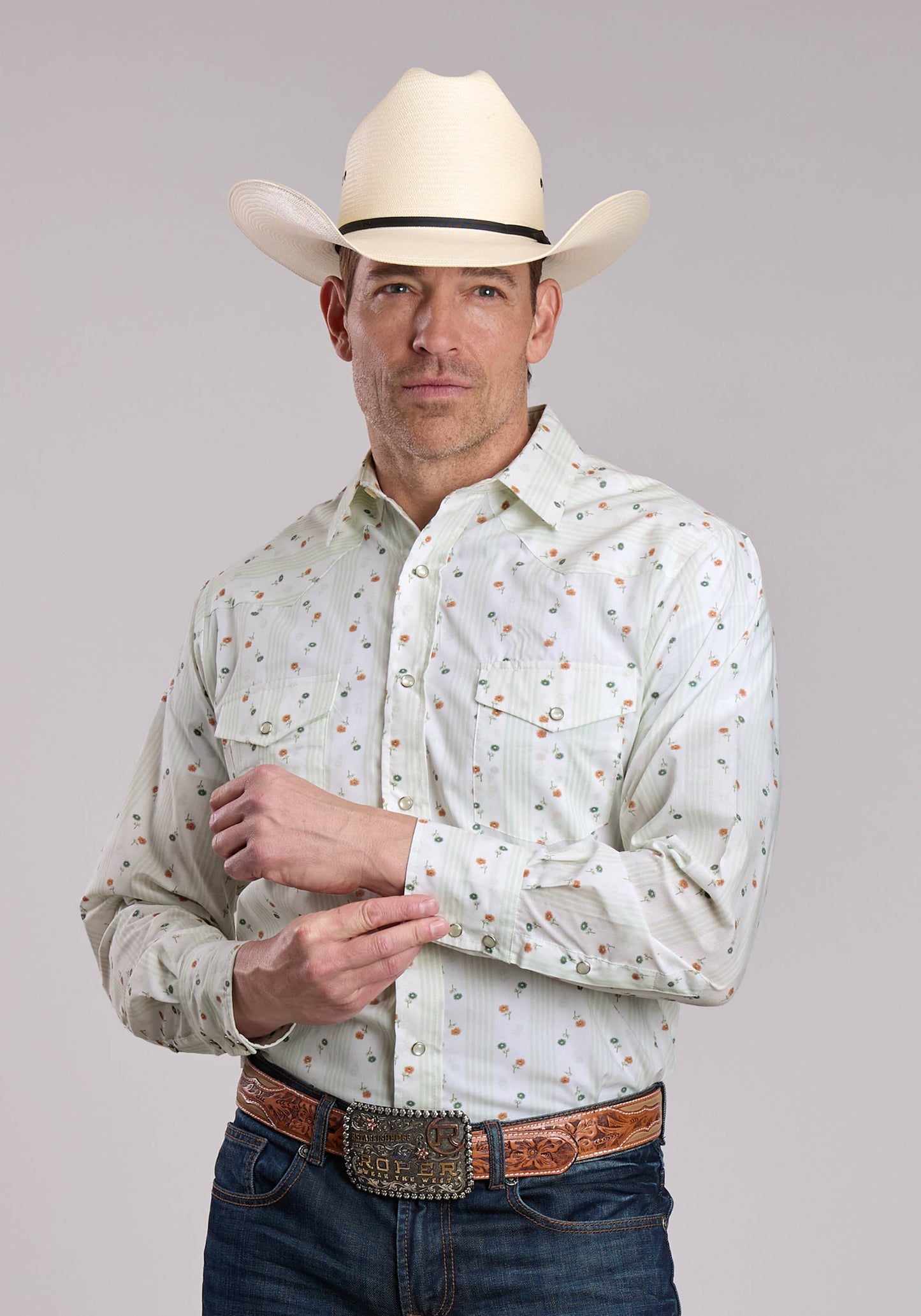 Mens Roper Cream Floral Print Long Sleeve Snap Shirt