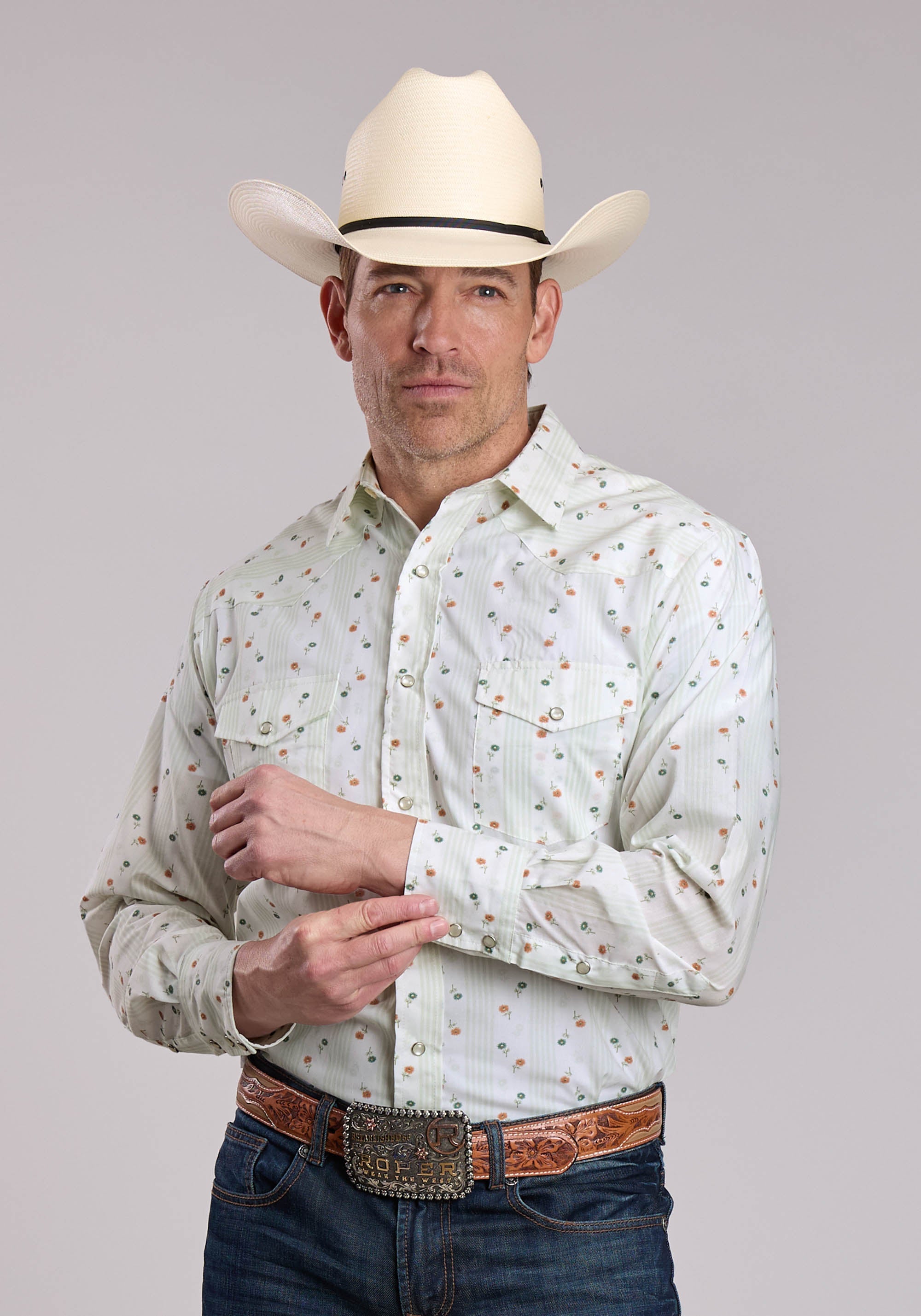 Mens Roper Cream Floral Print Long Sleeve Snap Shirt