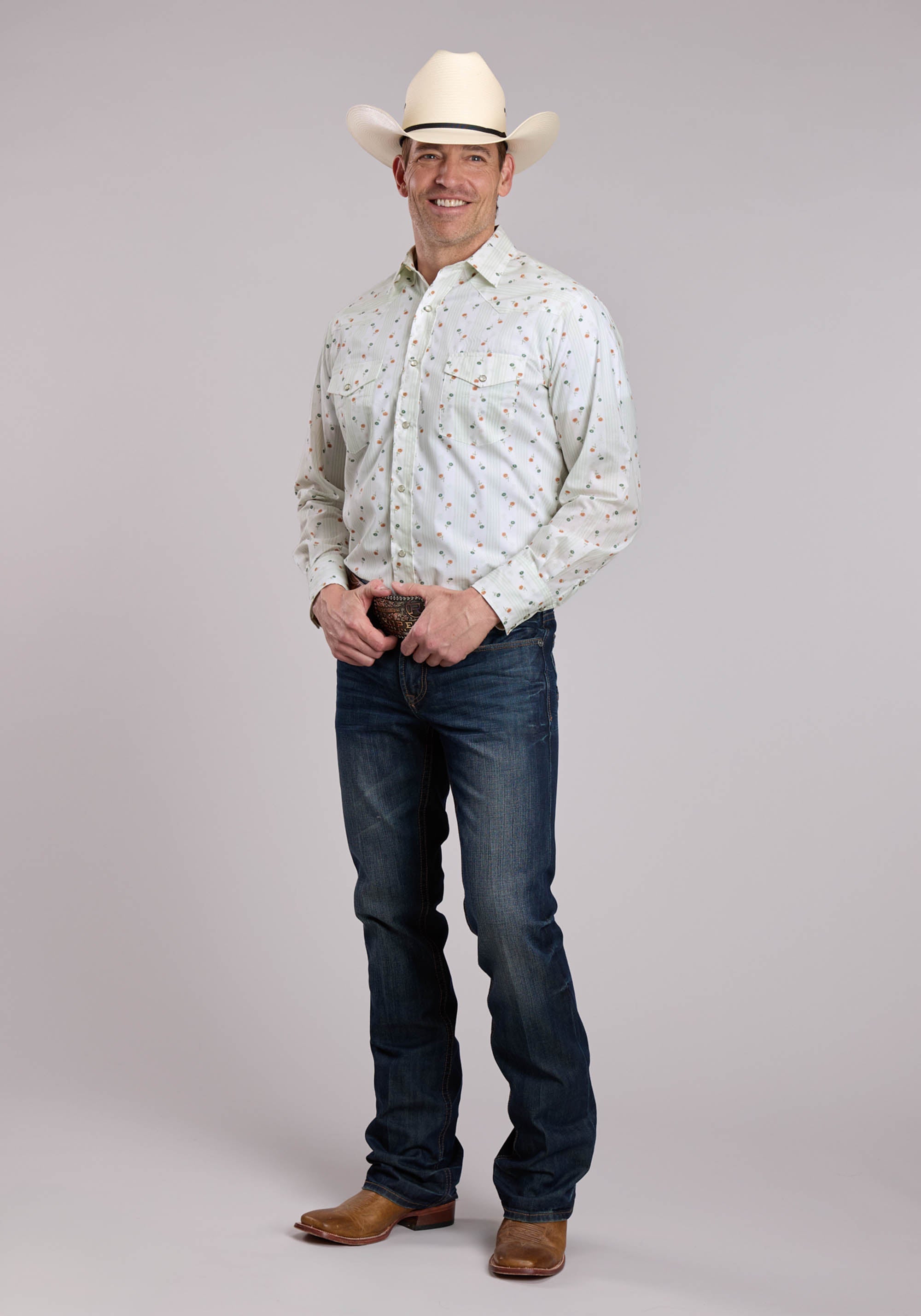 Mens Roper Cream Floral Print Long Sleeve Snap Shirt