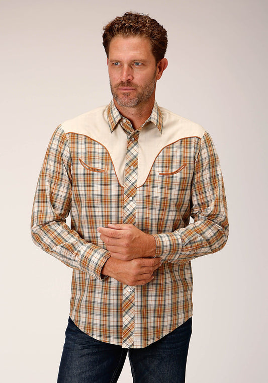 Roper Mens Long Sleeve Snap Khaki Forest Grey Cream Plaid Western Shirt - Roper