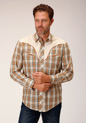 Roper Mens Long Sleeve Snap Khaki Forest Grey Cream Plaid Western Shirt - Roper