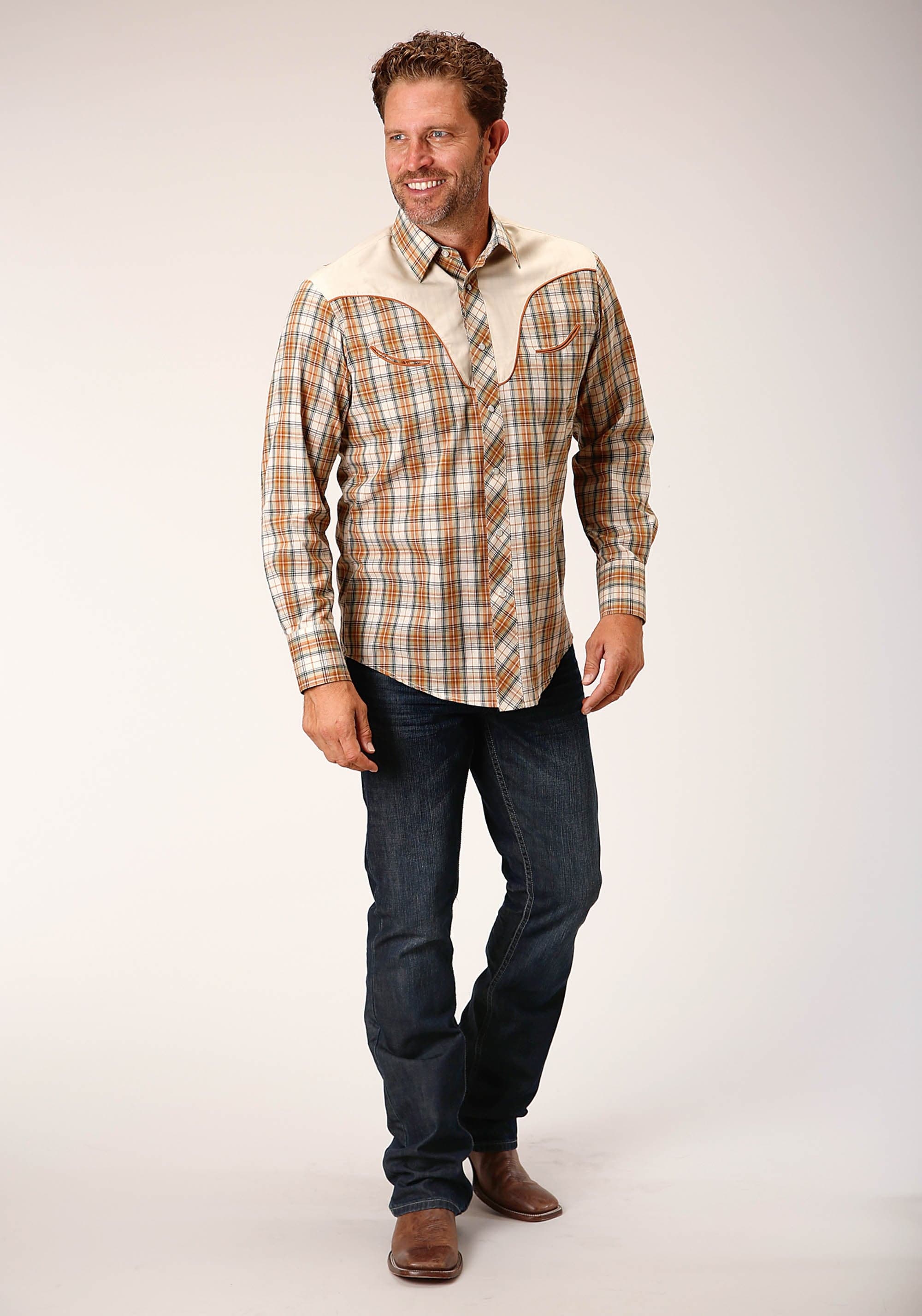 Roper Mens Long Sleeve Snap Khaki Forest Grey Cream Plaid Western Shirt - Roper