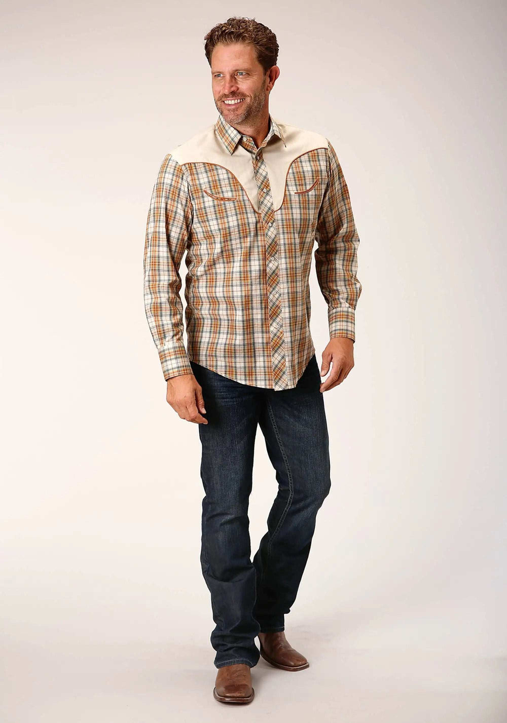 Roper Mens Long Sleeve Snap Khaki Forest Grey Cream Plaid Western Shirt - Roper - Flyclothing LLC