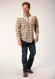 Roper Mens Long Sleeve Snap Khaki Forest Grey Cream Plaid Western Shirt - Roper