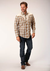 Roper Mens Long Sleeve Snap Khaki Forest Grey Cream Plaid Western Shirt - Roper