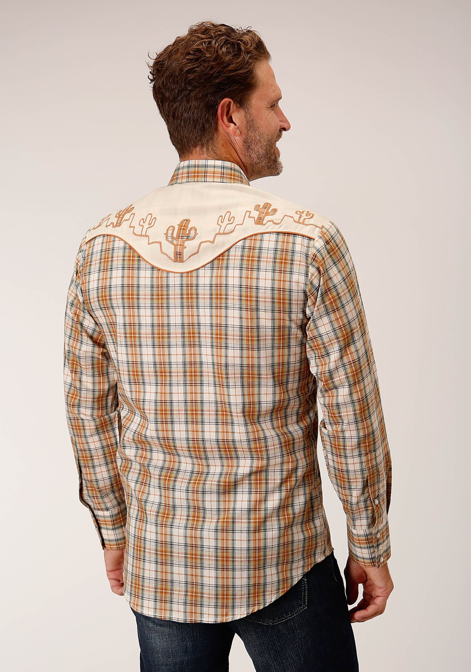 Roper Mens Long Sleeve Snap Khaki Forest Grey Cream Plaid Western Shirt - Roper