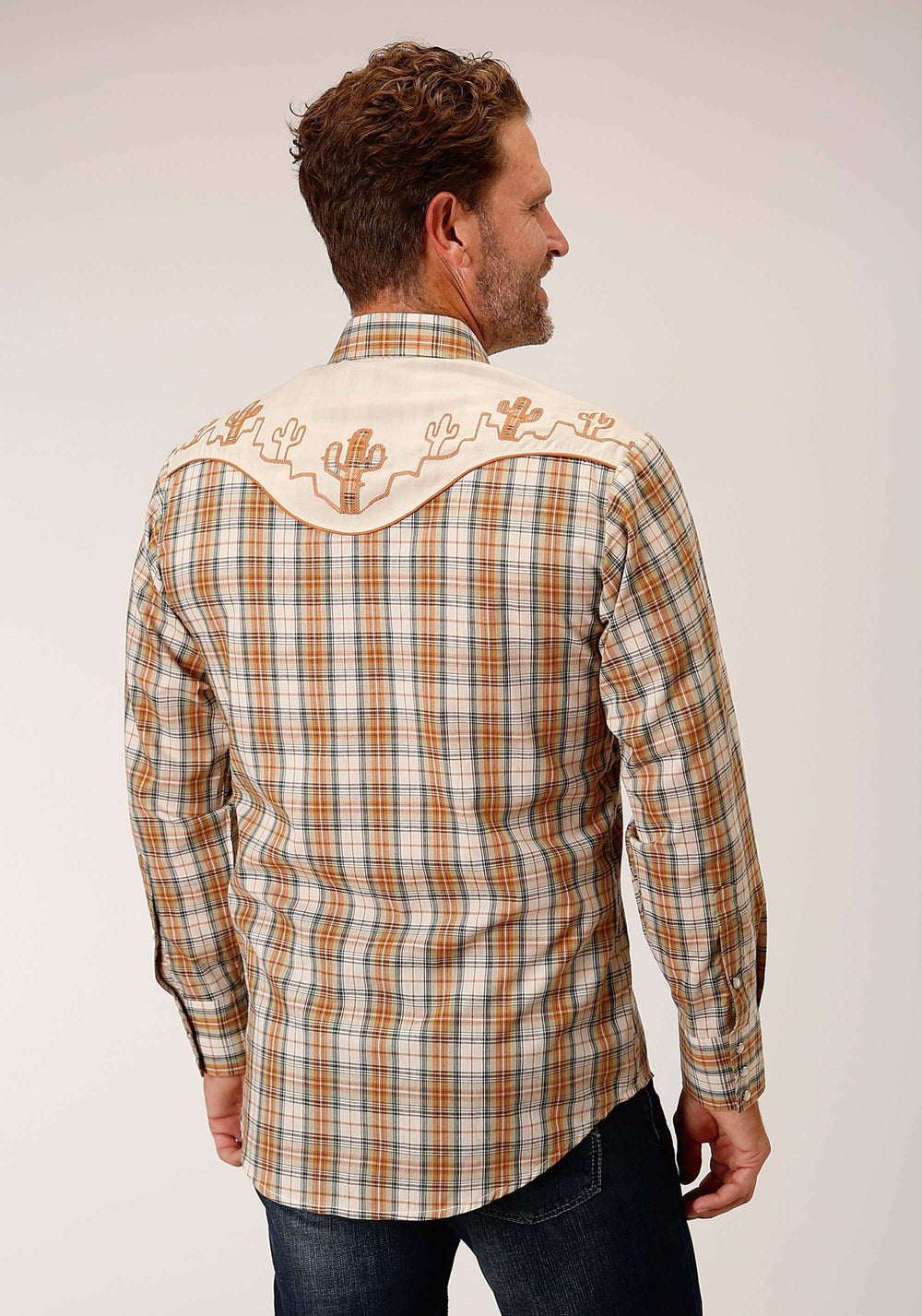 Roper Mens Long Sleeve Snap Khaki Forest Grey Cream Plaid Western Shirt - Roper - Flyclothing LLC