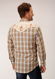 Roper Mens Long Sleeve Snap Khaki Forest Grey Cream Plaid Western Shirt - Roper