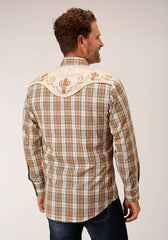 Roper Mens Long Sleeve Snap Khaki Forest Grey Cream Plaid Western Shirt - Roper
