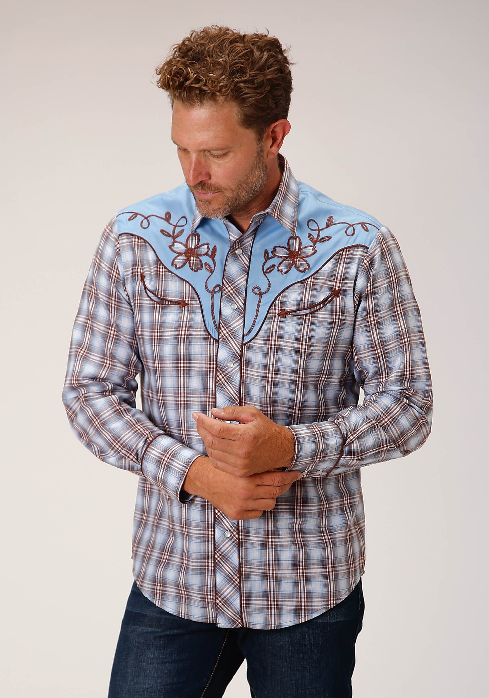 Roper Mens Long Sleeve Snap Light Blue Chocolate White Plaid Western Shirt - Roper