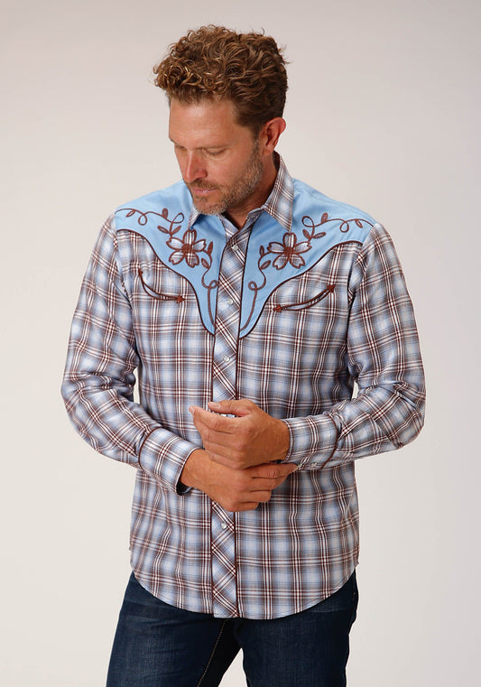 Roper Mens Long Sleeve Snap Light Blue Chocolate White Plaid Western Shirt - Roper