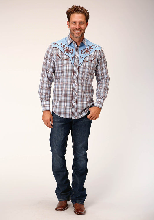 Roper Mens Long Sleeve Snap Light Blue Chocolate White Plaid Western Shirt - Roper