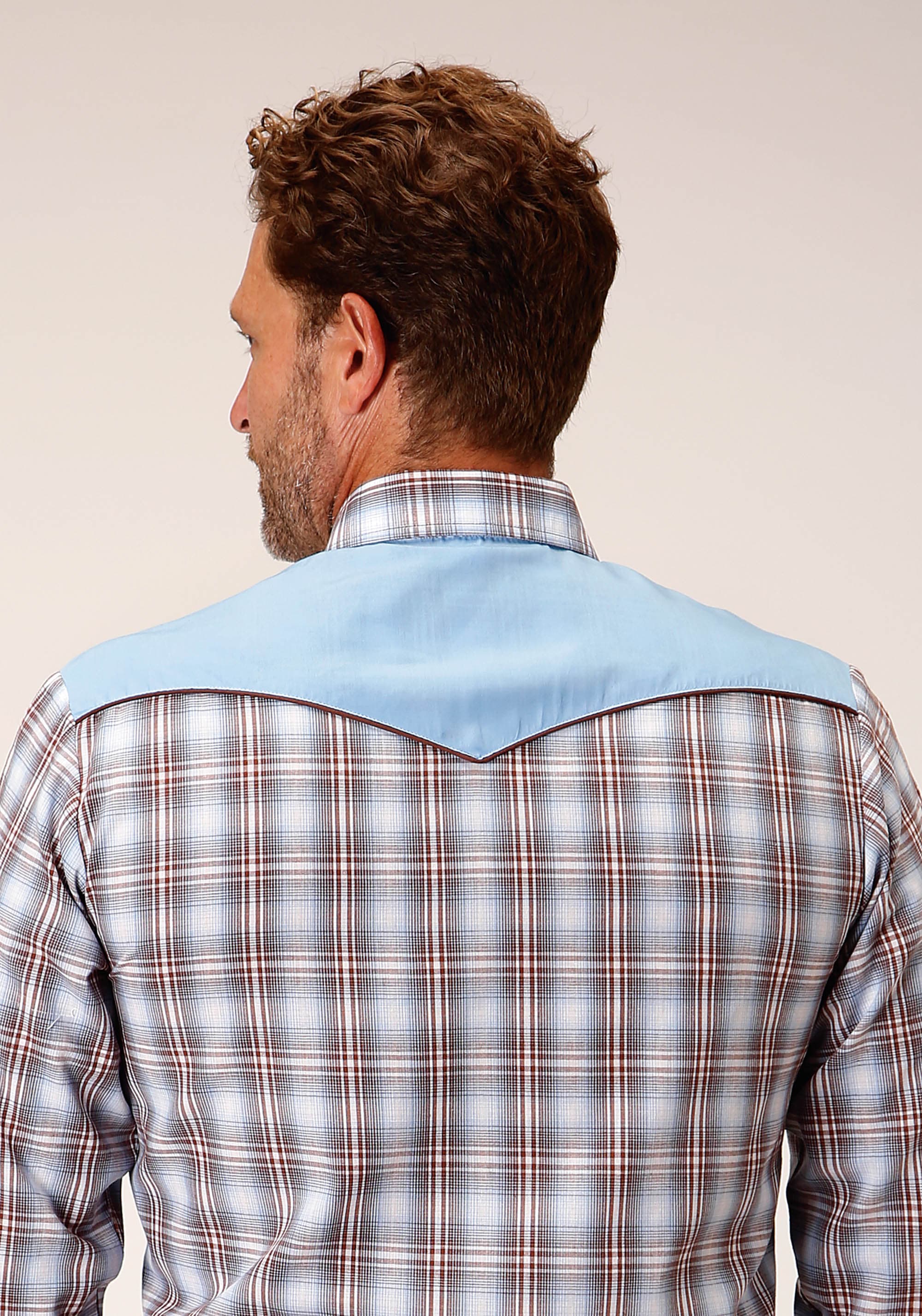 Roper Mens Long Sleeve Snap Light Blue Chocolate White Plaid Western Shirt - Roper