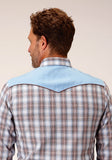 Roper Mens Long Sleeve Snap Light Blue Chocolate White Plaid Western Shirt - Roper