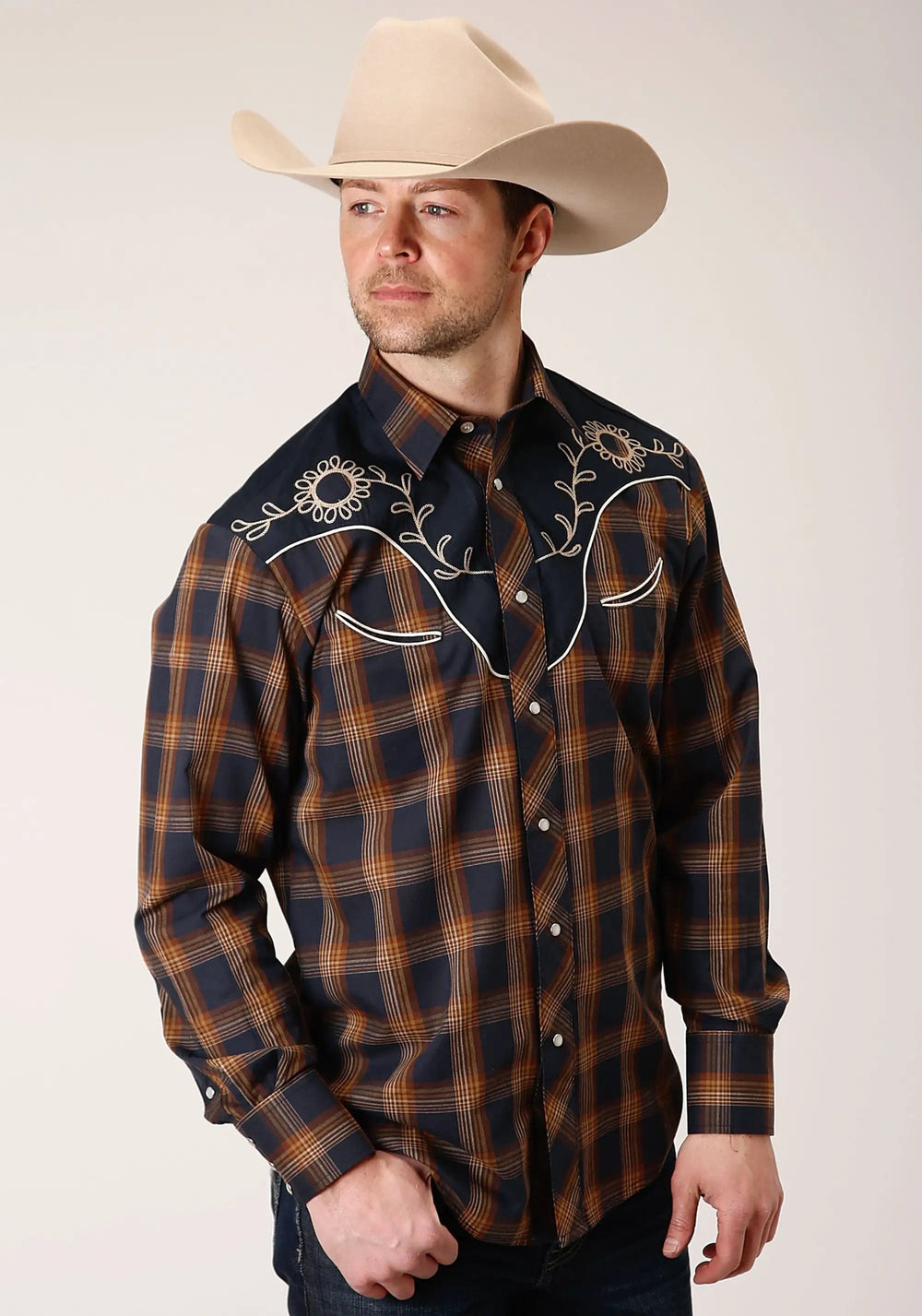 Roper Mens Long Sleeve Snap Navy And Brown Plaid Western Shirt - Roper