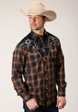 Roper Mens Long Sleeve Snap Navy And Brown Plaid Western Shirt - Roper