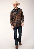 Roper Mens Long Sleeve Snap Navy And Brown Plaid Western Shirt - Roper