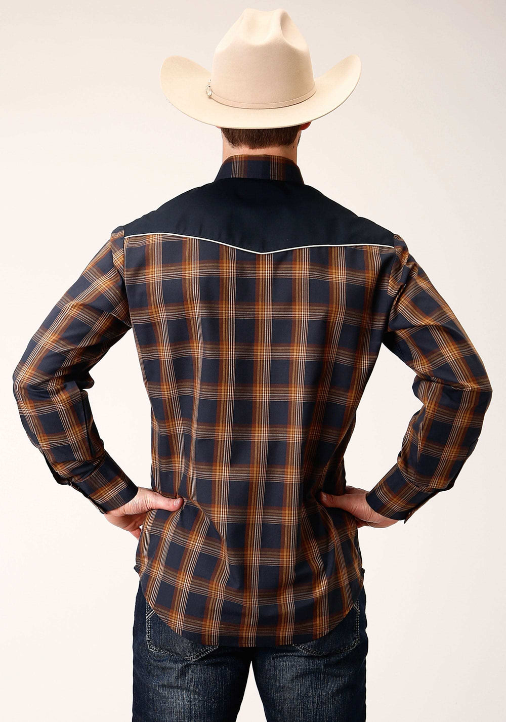 Roper Mens Long Sleeve Snap Navy And Brown Plaid Western Shirt - Roper - Flyclothing LLC