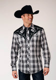 Roper Mens Long Sleeve Snap Black Aqua Grey Plaid Western Shirt With Piping And Applique On Yokes - Roper