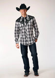 Roper Mens Long Sleeve Snap Black Aqua Grey Plaid Western Shirt With Piping And Applique On Yokes - Roper