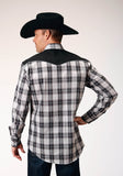 Roper Mens Long Sleeve Snap Black Aqua Grey Plaid Western Shirt With Piping And Applique On Yokes - Roper