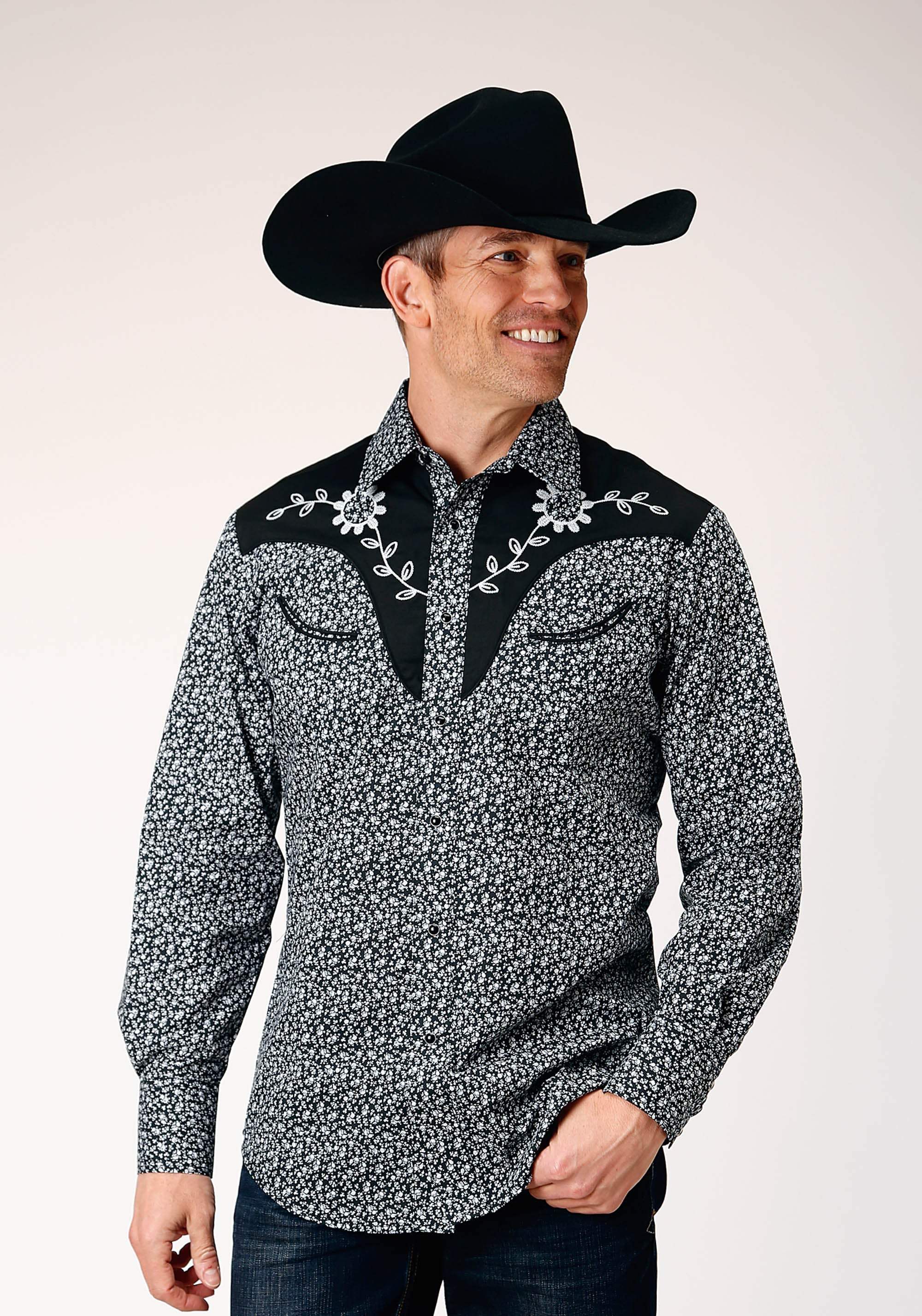Roper Mens Long Sleeve Snap Black White Floral Print Western Shirt With Piping And Applique On Yokes - Roper - Flyclothing LLC