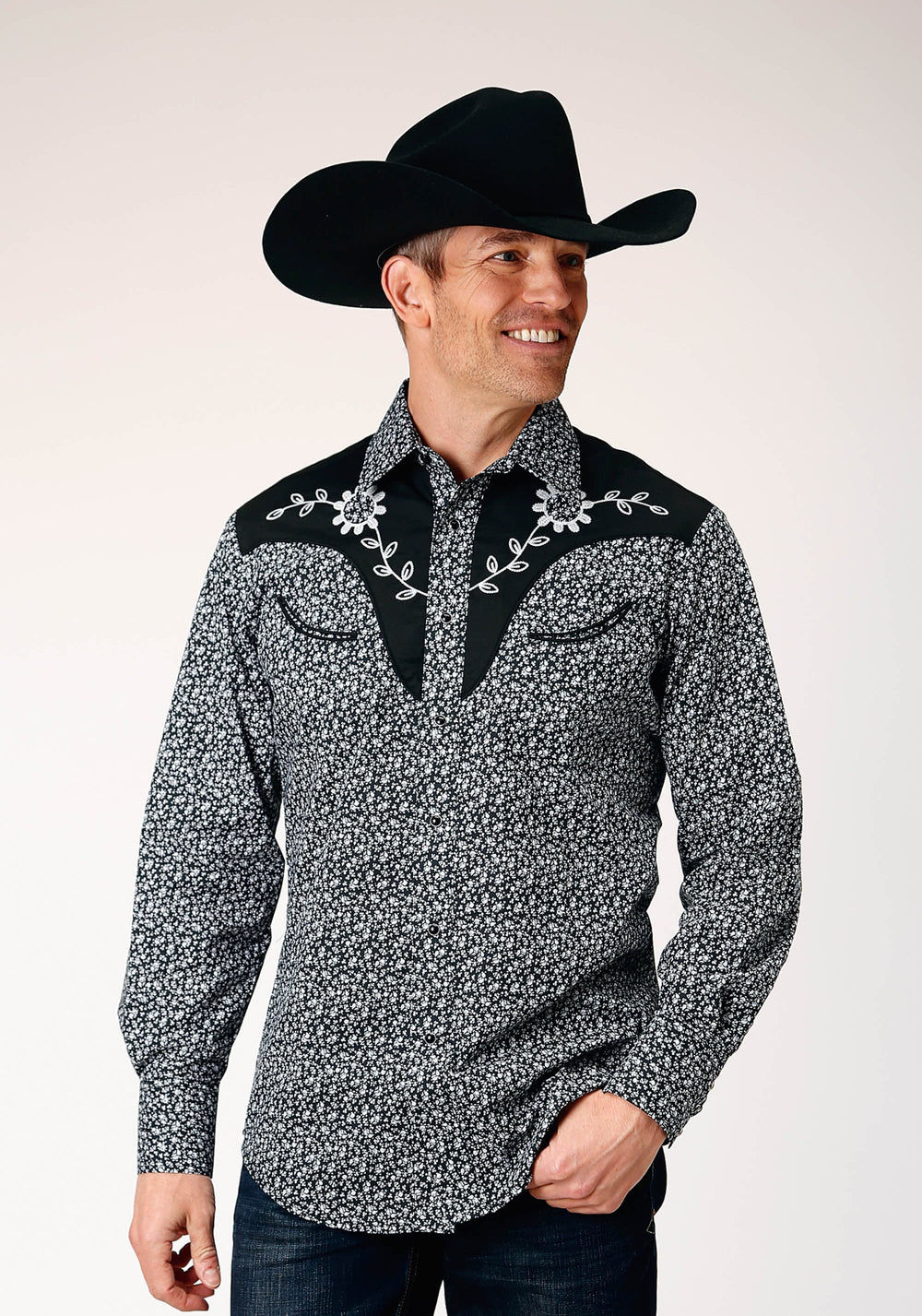 Roper Mens Long Sleeve Snap Black White Floral Print Western Shirt With Piping And Applique On Yokes - Roper