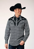 Roper Mens Long Sleeve Snap Black White Floral Print Western Shirt With Piping And Applique On Yokes - Roper