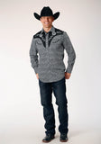 Roper Mens Long Sleeve Snap Black White Floral Print Western Shirt With Piping And Applique On Yokes - Roper