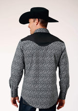 Roper Mens Long Sleeve Snap Black White Floral Print Western Shirt With Piping And Applique On Yokes - Roper - Flyclothing LLC