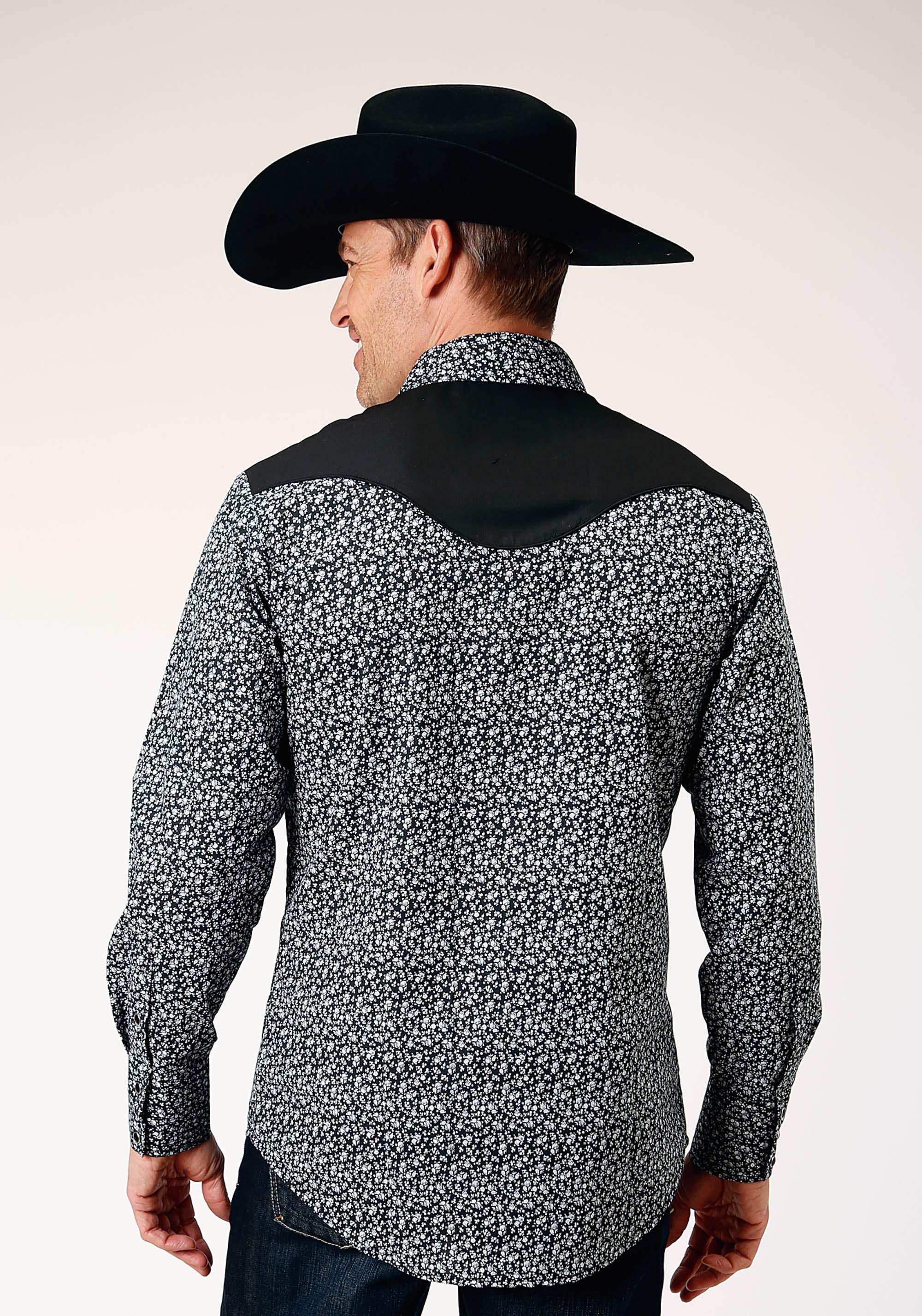 Roper Mens Long Sleeve Snap Black White Floral Print Western Shirt With Piping And Applique On Yokes - Roper - Flyclothing LLC